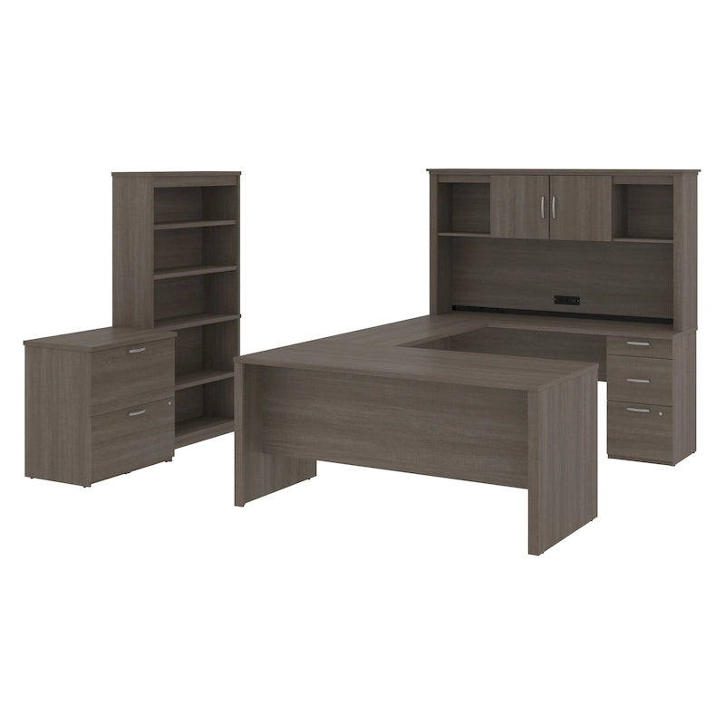 Bureau en U Logan 66W avec huche, armoire et bibliothèque