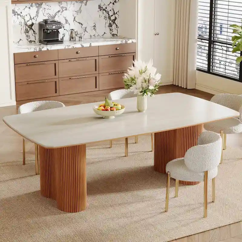 Table à manger rectangulaire de 78,7 pouces, table de cuisine de luxe en pierre frittée avec pieds en bois massif