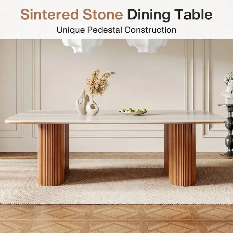 Table à manger rectangulaire de 78,7 pouces, table de cuisine de luxe en pierre frittée avec pieds en bois massif