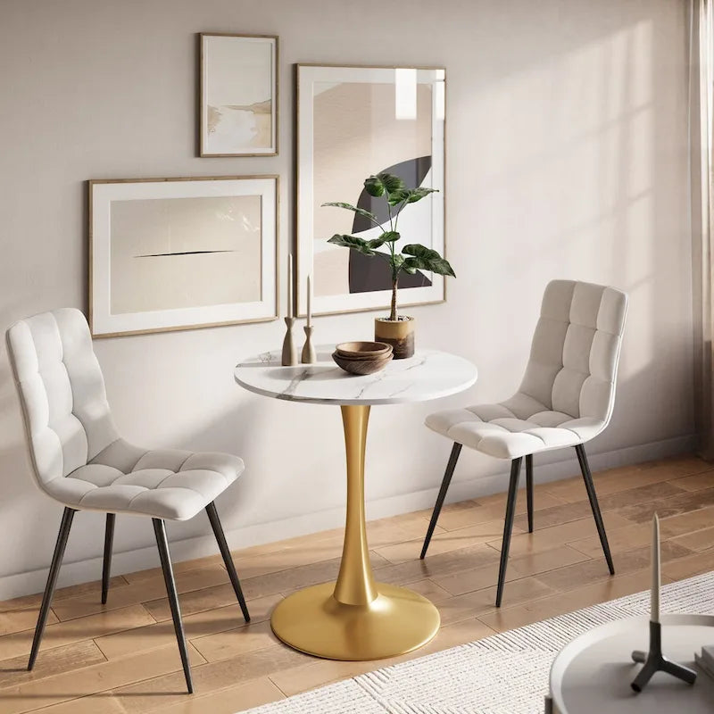 Table de bistrot/repas piédestal 71 cm, blanche avec base piédestal dorée