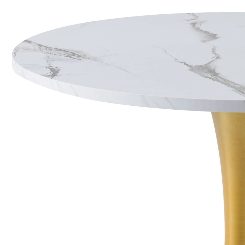 Table de bistrot/repas piédestal 71 cm, blanche avec base piédestal dorée