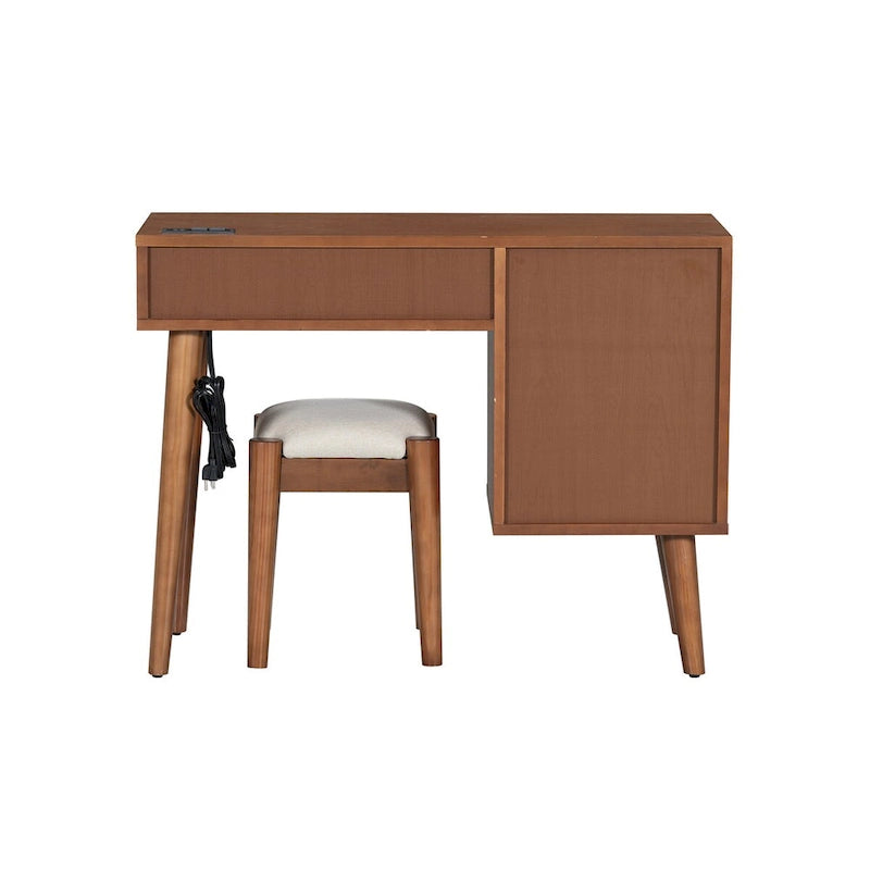 39Coiffeuse avec prise de charge et port USB et tabouret, table de maquillage avec 3 tiroirs de rangement, 1 tiroir en rotin rectangulaire