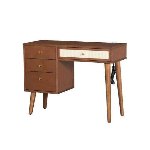 39Coiffeuse avec prise de charge et port USB et tabouret, table de maquillage avec 3 tiroirs de rangement, 1 tiroir en rotin rectangulaire