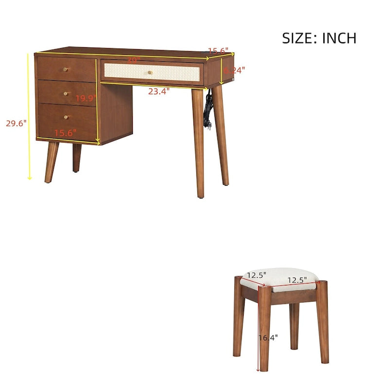 39Coiffeuse avec prise de charge et port USB et tabouret, table de maquillage avec 3 tiroirs de rangement, 1 tiroir en rotin rectangulaire