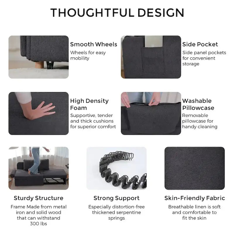 Canapé pliant multifonction 4 en 1 avec lit pliant, futon simple et 2 coussins décoratifs