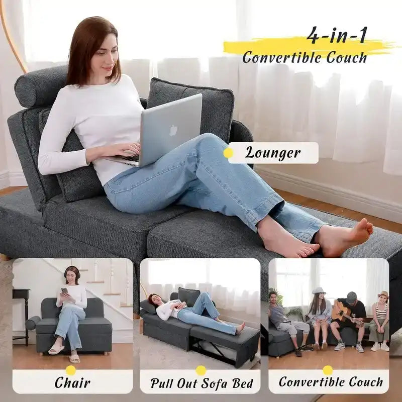 Canapé pliant multifonction 4 en 1 avec lit pliant, futon simple et 2 coussins décoratifs