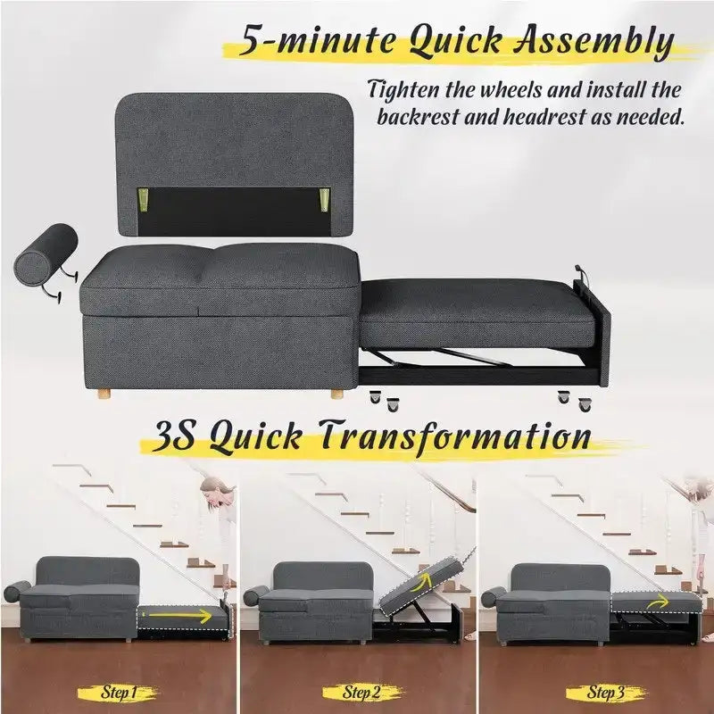 Canapé pliant multifonction 4 en 1 avec lit pliant, futon simple et 2 coussins décoratifs