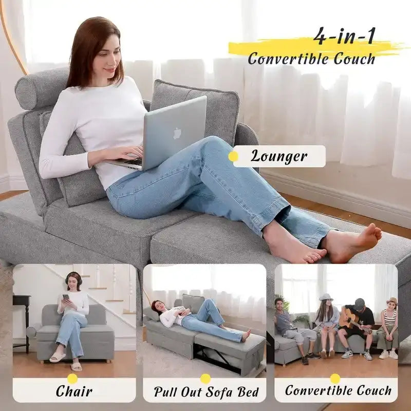 Canapé pliant multifonction 4 en 1 avec lit pliant, futon simple et 2 coussins décoratifs