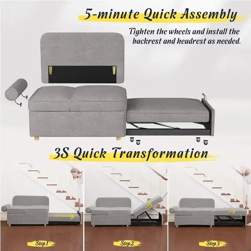 Canapé pliant multifonction 4 en 1 avec lit pliant, futon simple et 2 coussins décoratifs