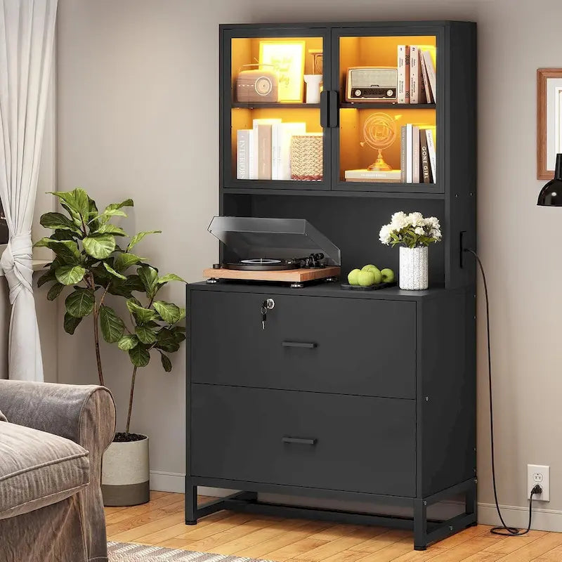 Meuble de rangement avec serrure, 2 tiroirs pour dossiers et station de charge