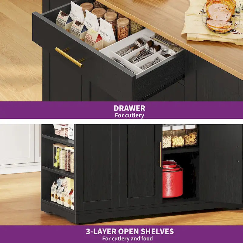 Chariot de cuisine roulant portable de 53 pouces, îlot de cuisine mobile